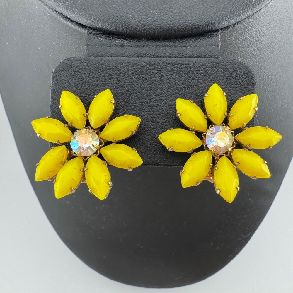 Vintage Austria Womens Clip On Earrings Yellow Floral AB Rhinestone Sunburst